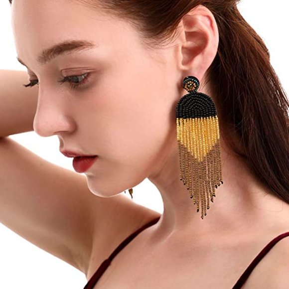 Long 4.5" Modern Art Deco Oversized Post Earrings Black Tan Gold New Tassel Boho - Picture 4 of 9